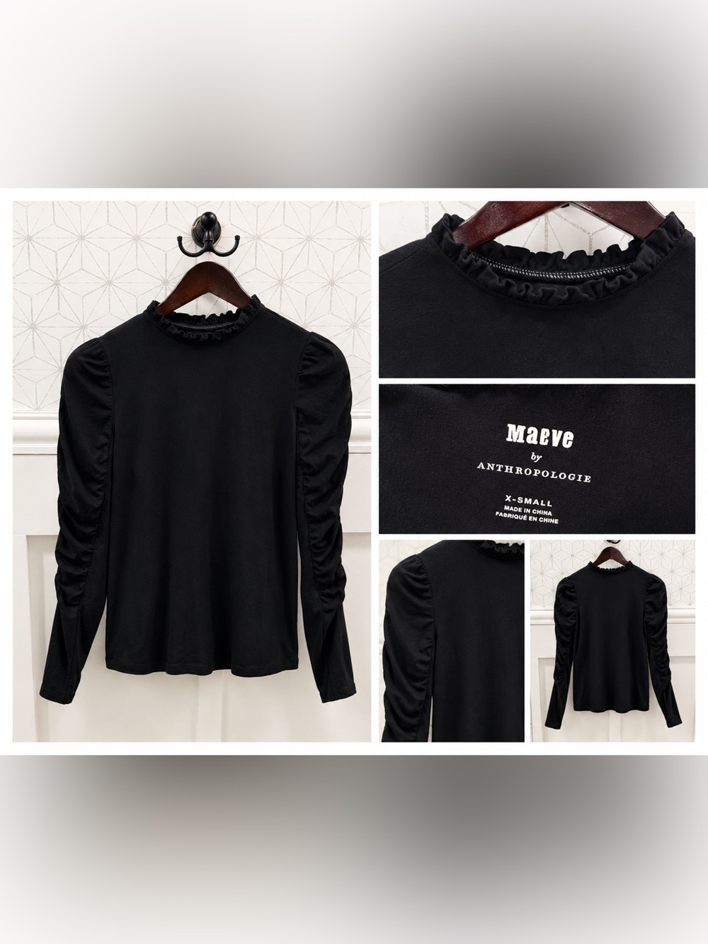 Maeve by Anthropologie Black Ruched Sleeve Ruffle Neck Top XS
